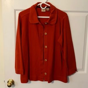 Mountain Lake II burnt orange sweater jacket. 1X